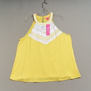 Lilly Pulitzer Dawn Tank Top XL Eyelet Yoke Yellow Pineapple Juice Halter NEW